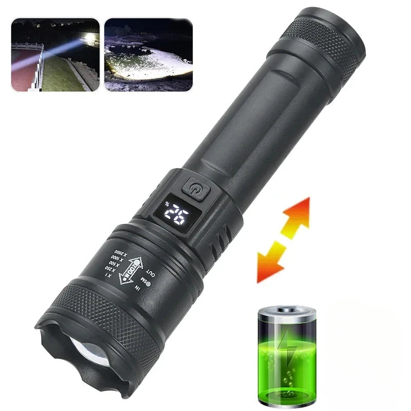 High-power Led Flashlight USB Rechargeable Torch with Display Zoomable Light with Battery Camping Hiking Lantern Emergency Lamp