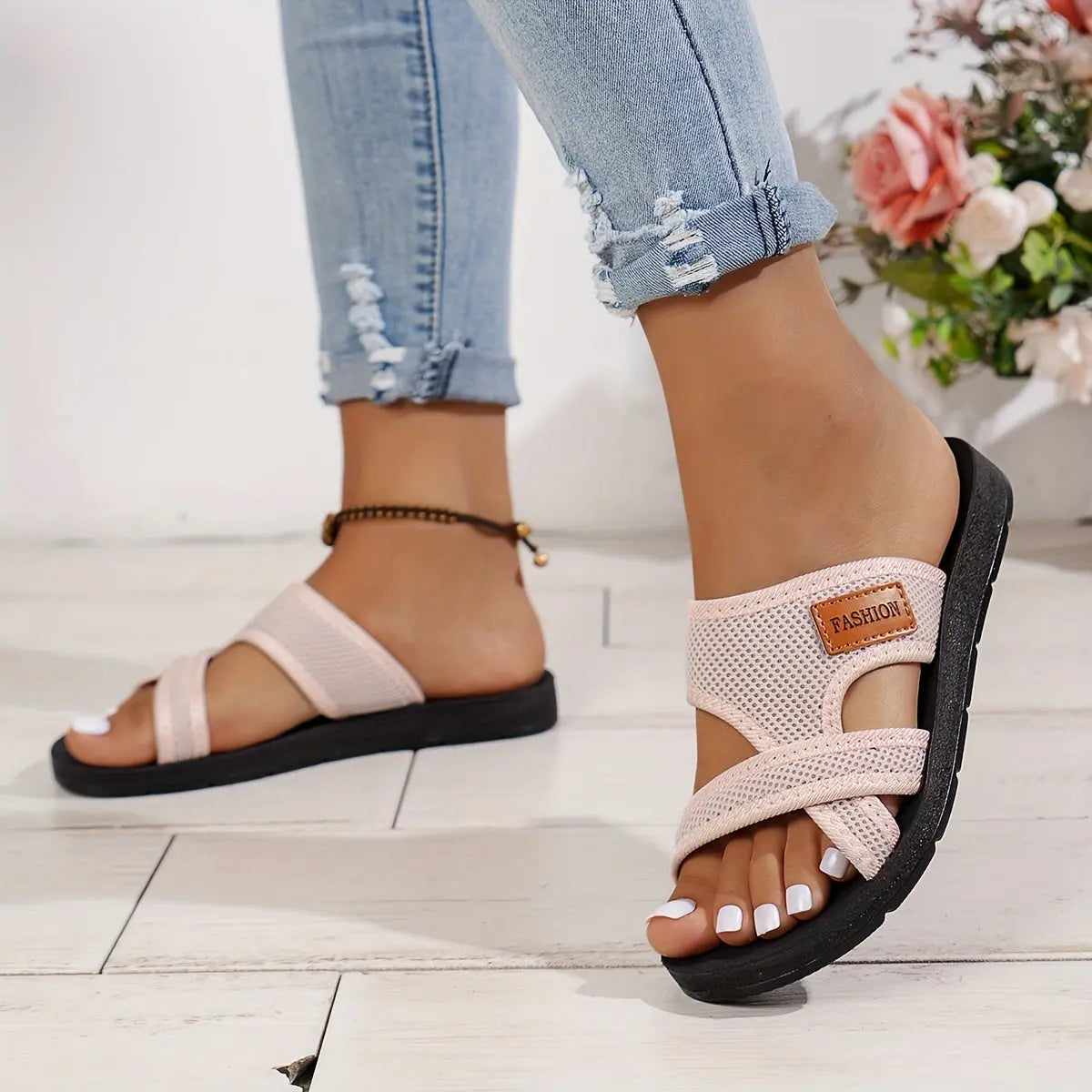 Women's Breathable Mesh Slide Sandals - Comfortable Open-Toe Flat Shoes with Crisscross Straps, Lightweight Summer Footwear in Black/Brown or Red/Black, Casual Indoor & Outdoor Wear, Strappy Sandals Best Products Online