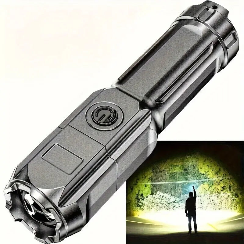 1pc Portable Super Bright Zoomable Flashlight, Rechargeable Long Shot ABS Strong Light Dimming Flashlight, Telescopic Zoom Torch For Outdoor ABS Material Best Products Online