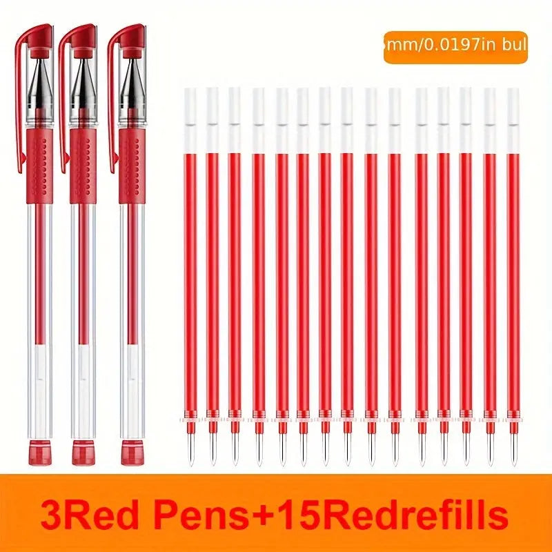 18pcs (3 Pens + 15 Refills) Gel Pen Set School Supplies Black Blue Red Ink Color 0.5Mm Ballpoint Pen Kawaii Pen Student School Office Stationery Best Products Online