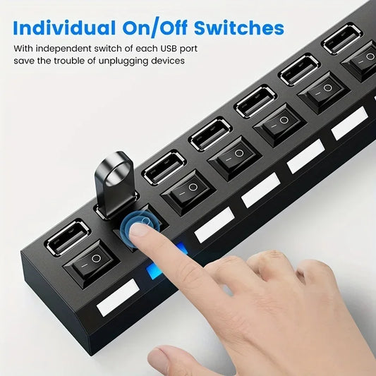 7 Port with LED Light USB 2.0 Adapter Hub with Independent Power on Off for Computers Tablets Laptops Supports Data Transmission