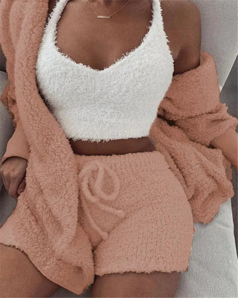 3pcs Womens Clothing Long Sleeve Crop Tank Top And Drawstring Shorts Pajama Set DC-THE CEO