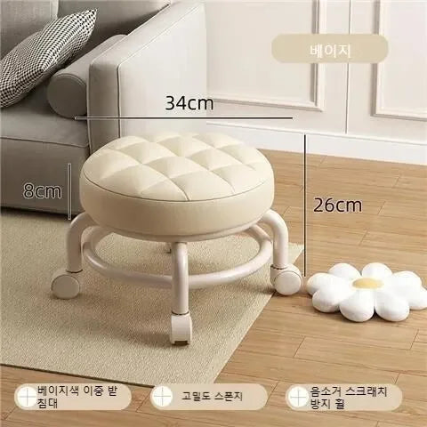 Low Stool with Wheels,Leather Fabric Portable Small Round Waterproof Durable Stool Thickening Seat Cushion Simple Soft Stool