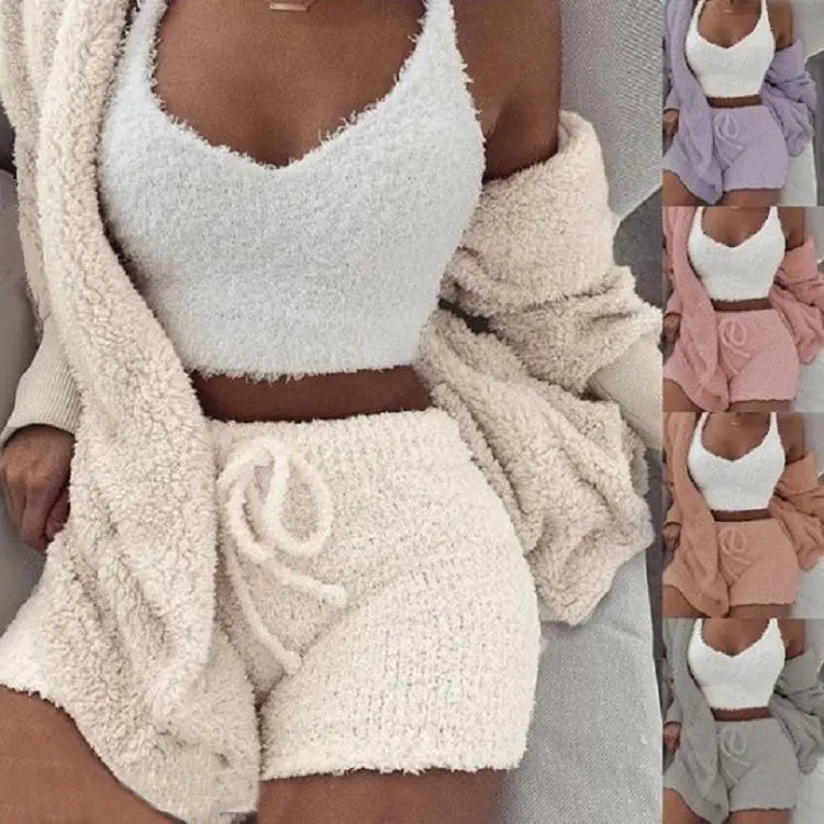 3pcs Womens Clothing Long Sleeve Crop Tank Top And Drawstring Shorts Pajama Set DC-THE CEO