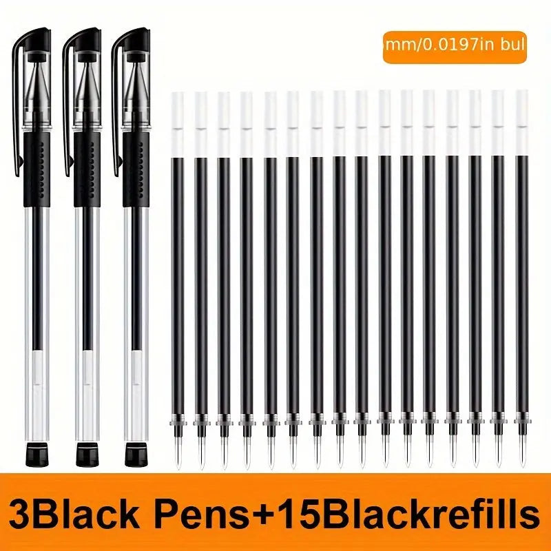 18pcs (3 Pens + 15 Refills) Gel Pen Set School Supplies Black Blue Red Ink Color 0.5Mm Ballpoint Pen Kawaii Pen Student School Office Stationery Best Products Online