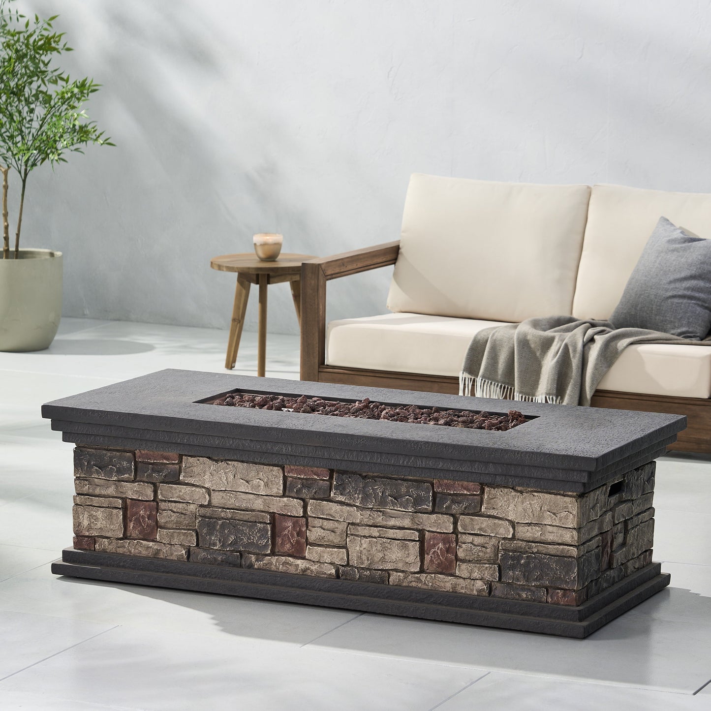 Contemporary Rectangle MGO Fire Pit 50,000 BTU Stone Gray Magnesium
