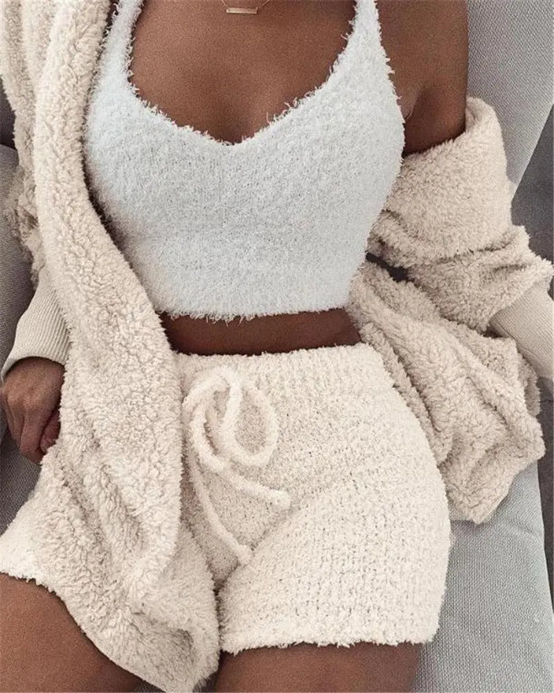 3pcs Womens Clothing Long Sleeve Crop Tank Top And Drawstring Shorts Pajama Set DC-THE CEO