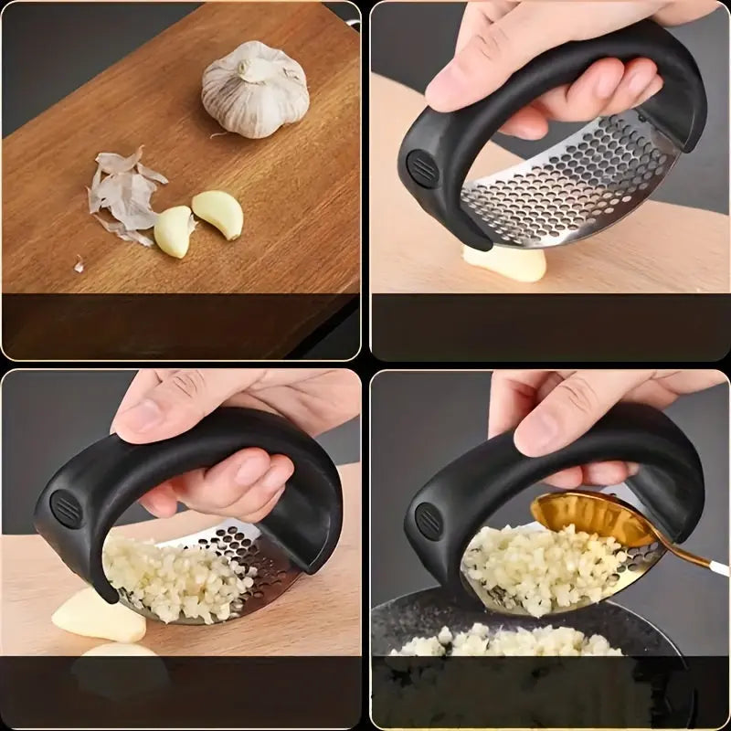 Stainless Steel Manual Garlic Press with Ergonomic Black Handle - Multi-Functional Kitchen Tool for Crushing Garlic, No Electricity Needed, Durable & Easy to Clean, Garlic Crusher Best Products Online