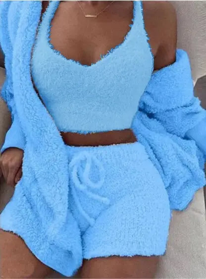 3pcs Womens Clothing Long Sleeve Crop Tank Top And Drawstring Shorts Pajama Set DC-THE CEO