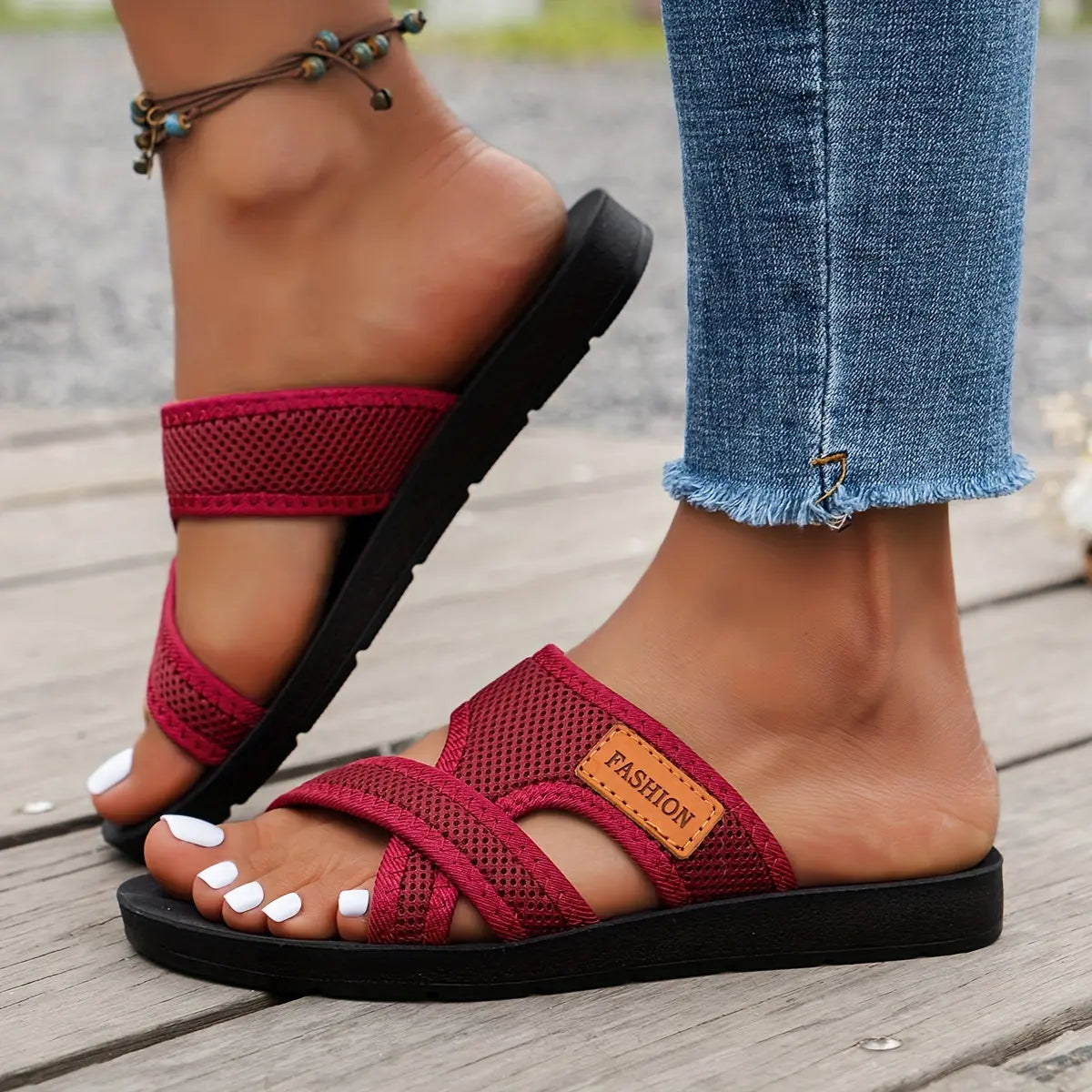 Women's Breathable Mesh Slide Sandals - Comfortable Open-Toe Flat Shoes with Crisscross Straps, Lightweight Summer Footwear in Black/Brown or Red/Black, Casual Indoor & Outdoor Wear, Strappy Sandals Best Products Online