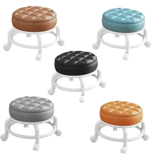 Low Stool with Wheels,Leather Fabric Portable Small Round Waterproof Durable Stool Thickening Seat Cushion Simple Soft Stool