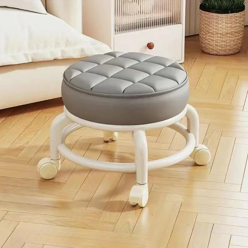 Low Stool with Wheels,Leather Fabric Portable Small Round Waterproof Durable Stool Thickening Seat Cushion Simple Soft Stool