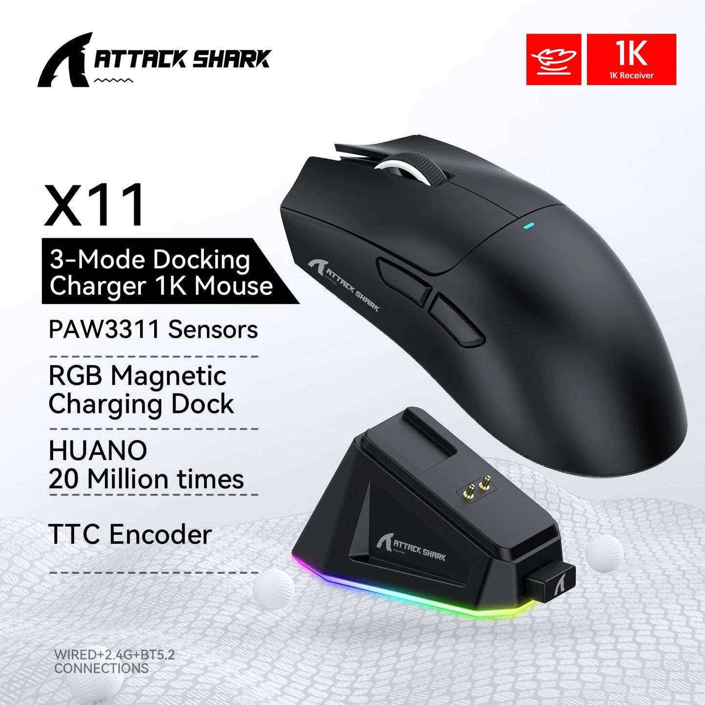 Attack Shark R1 Gaming Mouse - Dual-Mode Wireless/Wired, Adjustable DPI, Ultra-Light Ergonomic Design for Competitive Gamers