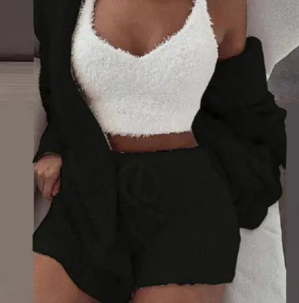 3pcs Womens Clothing Long Sleeve Crop Tank Top And Drawstring Shorts Pajama Set DC-THE CEO
