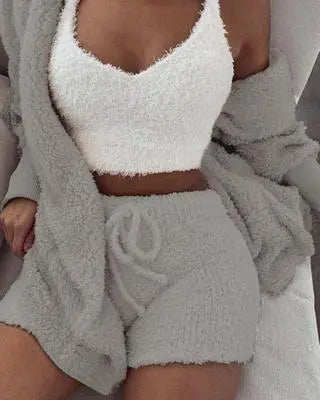3pcs Womens Clothing Long Sleeve Crop Tank Top And Drawstring Shorts Pajama Set DC-THE CEO