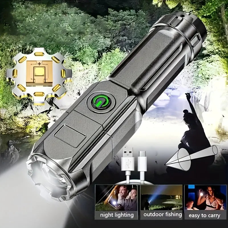 1pc Portable Super Bright Zoomable Flashlight, Rechargeable Long Shot ABS Strong Light Dimming Flashlight, Telescopic Zoom Torch For Outdoor ABS Material Best Products Online