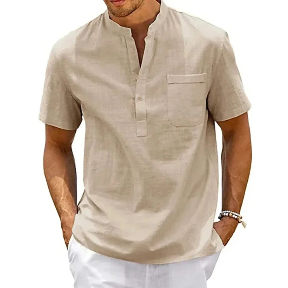Summer Men's Cotton Short Sleeve T-shirt Solid Color Stand Collar Loose Pullover Shirt Thin Soft Comfortable Button T-shirt Top