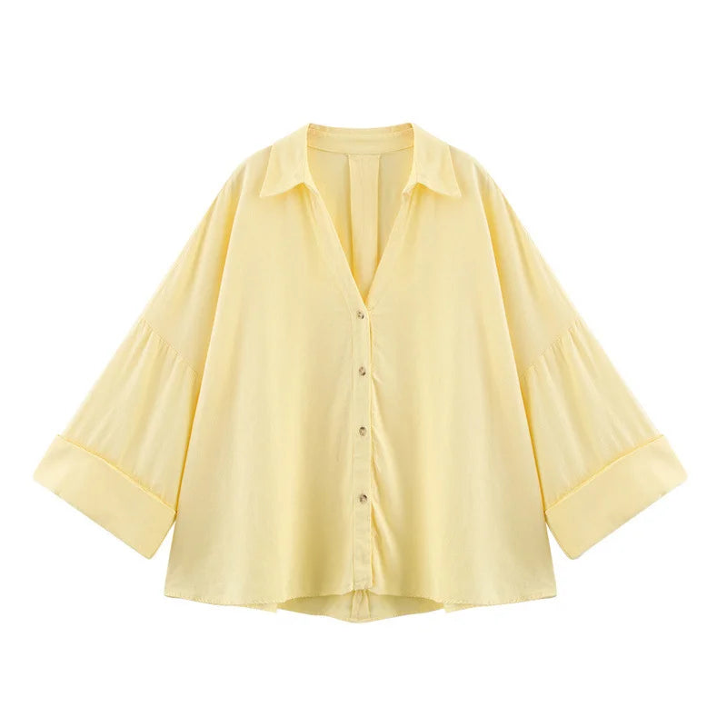 2025 Spring/Summer Trendy Women's Blouses - Long Sleeve V-neck Solid Color Shirts Fashionable Office Wear
