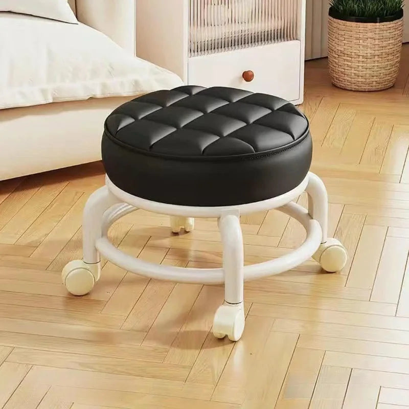 Low Stool with Wheels,Leather Fabric Portable Small Round Waterproof Durable Stool Thickening Seat Cushion Simple Soft Stool