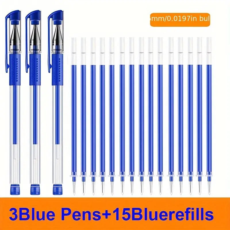 18pcs (3 Pens + 15 Refills) Gel Pen Set School Supplies Black Blue Red Ink Color 0.5Mm Ballpoint Pen Kawaii Pen Student School Office Stationery Best Products Online