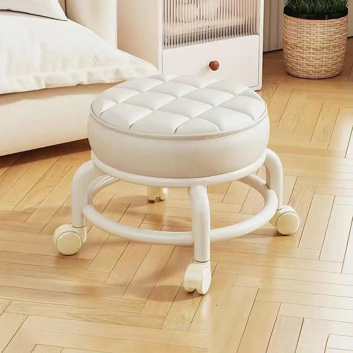 Low Stool with Wheels,Leather Fabric Portable Small Round Waterproof Durable Stool Thickening Seat Cushion Simple Soft Stool