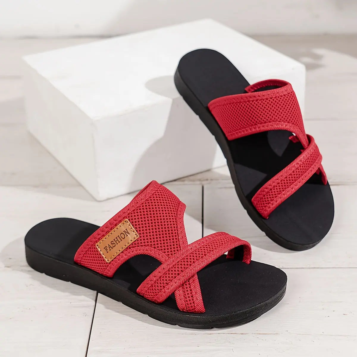 Women's Breathable Mesh Slide Sandals - Comfortable Open-Toe Flat Shoes with Crisscross Straps, Lightweight Summer Footwear in Black/Brown or Red/Black, Casual Indoor & Outdoor Wear, Strappy Sandals Best Products Online