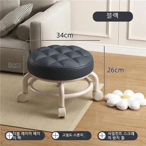 Low Stool with Wheels,Leather Fabric Portable Small Round Waterproof Durable Stool Thickening Seat Cushion Simple Soft Stool