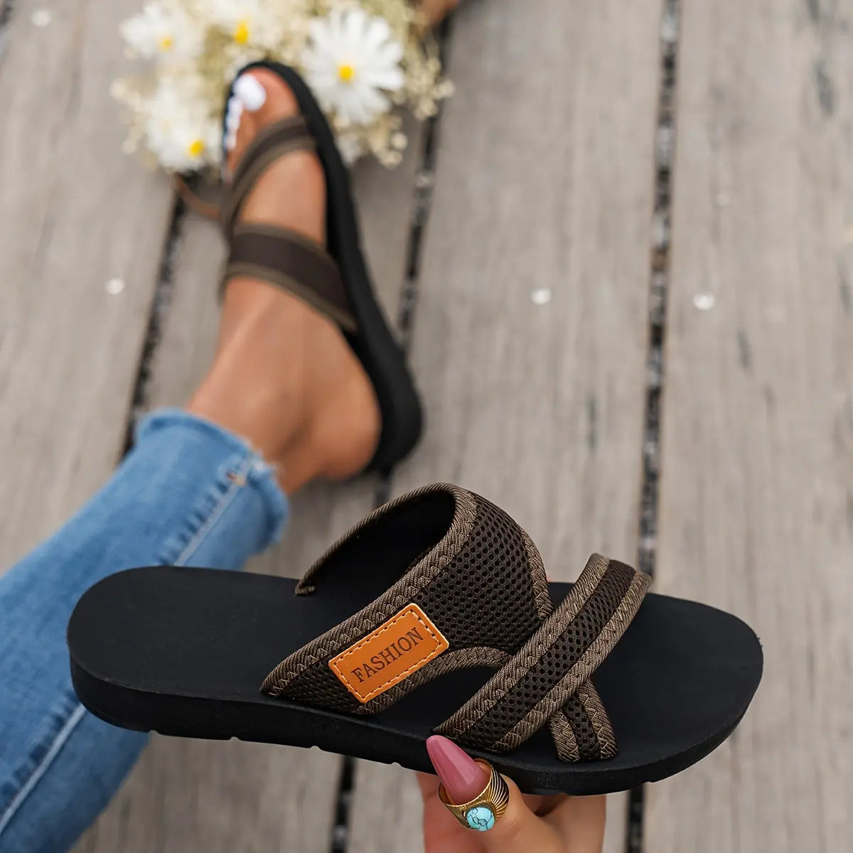Women's Breathable Mesh Slide Sandals - Comfortable Open-Toe Flat Shoes with Crisscross Straps, Lightweight Summer Footwear in Black/Brown or Red/Black, Casual Indoor & Outdoor Wear, Strappy Sandals Best Products Online