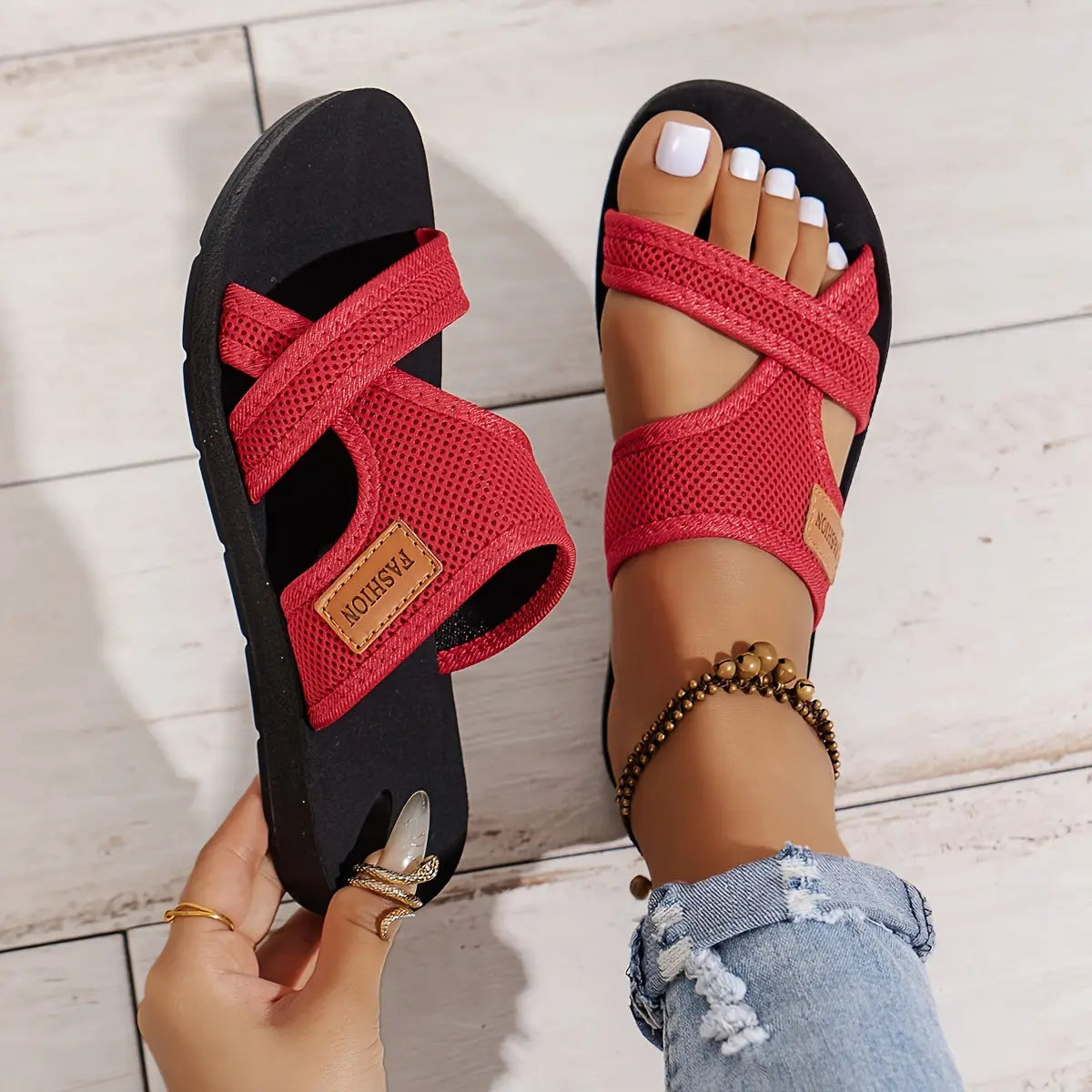 Women's Breathable Mesh Slide Sandals - Comfortable Open-Toe Flat Shoes with Crisscross Straps, Lightweight Summer Footwear in Black/Brown or Red/Black, Casual Indoor & Outdoor Wear, Strappy Sandals Best Products Online