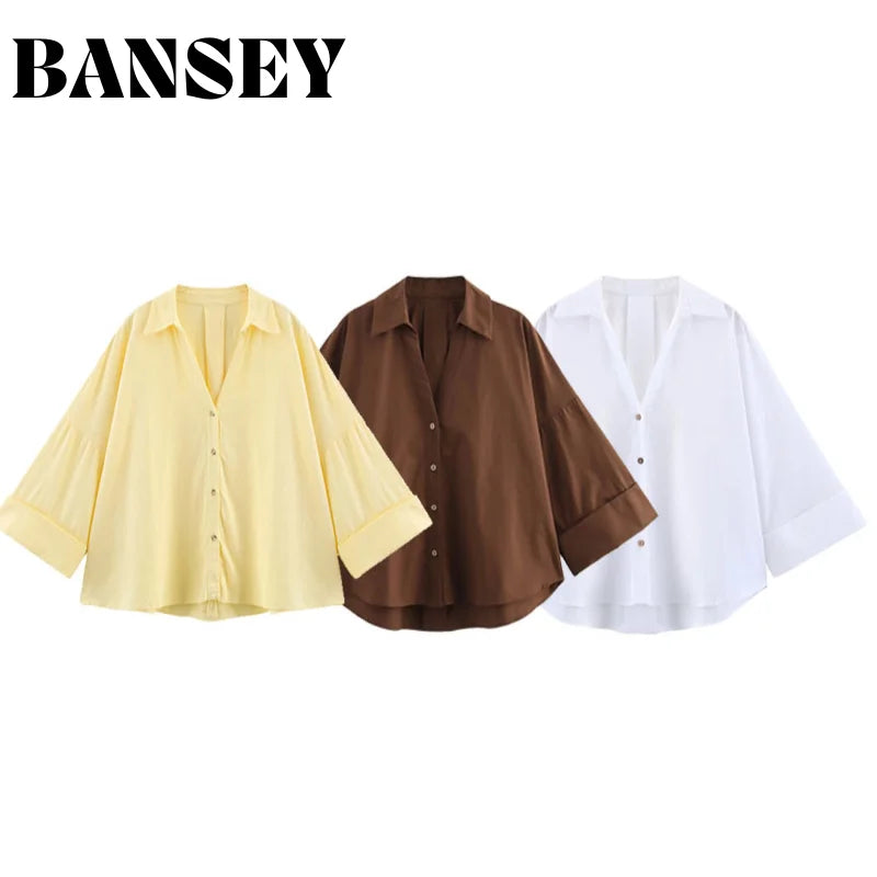 2025 Spring/Summer Trendy Women's Blouses - Long Sleeve V-neck Solid Color Shirts Fashionable Office Wear
