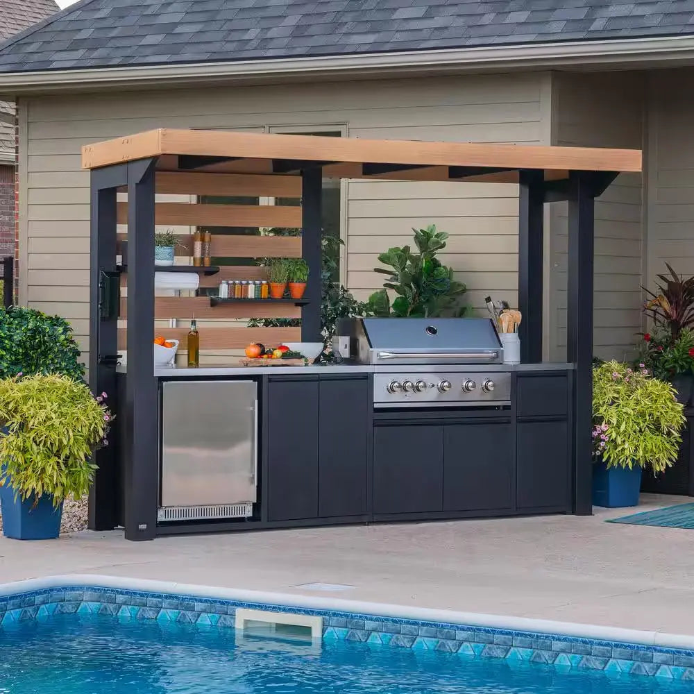 Fusion Flame 5-Burner Propane Gas Grill Island with Rotisserie and Outdoor Rated Refrigerator in Stainless Steel