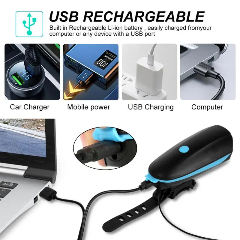 Bicycle Front Light with Electric Loud Horn Waterproof Bike Headlight USB Rechargeable Cycling Flashlight Bike Accessories
