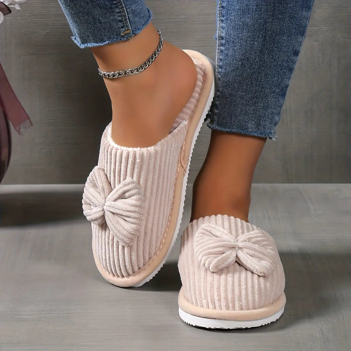 [Cozy Slippers] Cozy Fleece-Lined Women's Slip-On Winter Slippers | Soft All-Season Indoor House Shoes for Home & Couples, Casual Slip-On Design with Bow Detail, EVA Sole Best Products Online