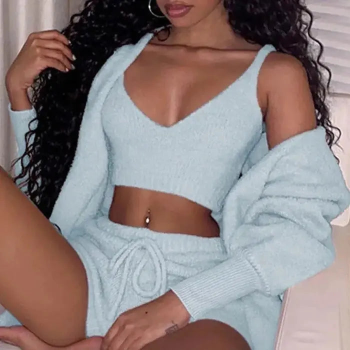 3pcs Womens Clothing Long Sleeve Crop Tank Top And Drawstring Shorts Pajama Set DC-THE CEO