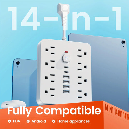14-in-1 Power Strip with Surge Protector - 8 AC Outlets And 6 USB Ports (2 USB-C)| Flat Plug, Space Saving Design, Unique Short Cord Design, Overload Protection for Home, School, Office. Available In Black And White Best Products Online