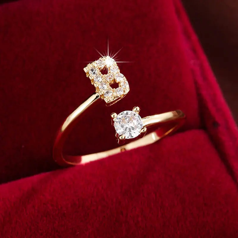 [Copper Fashion Ring] Four-claw Round Zirconia Adjustable Copper Ring With 26 English Letters Best Products Online
