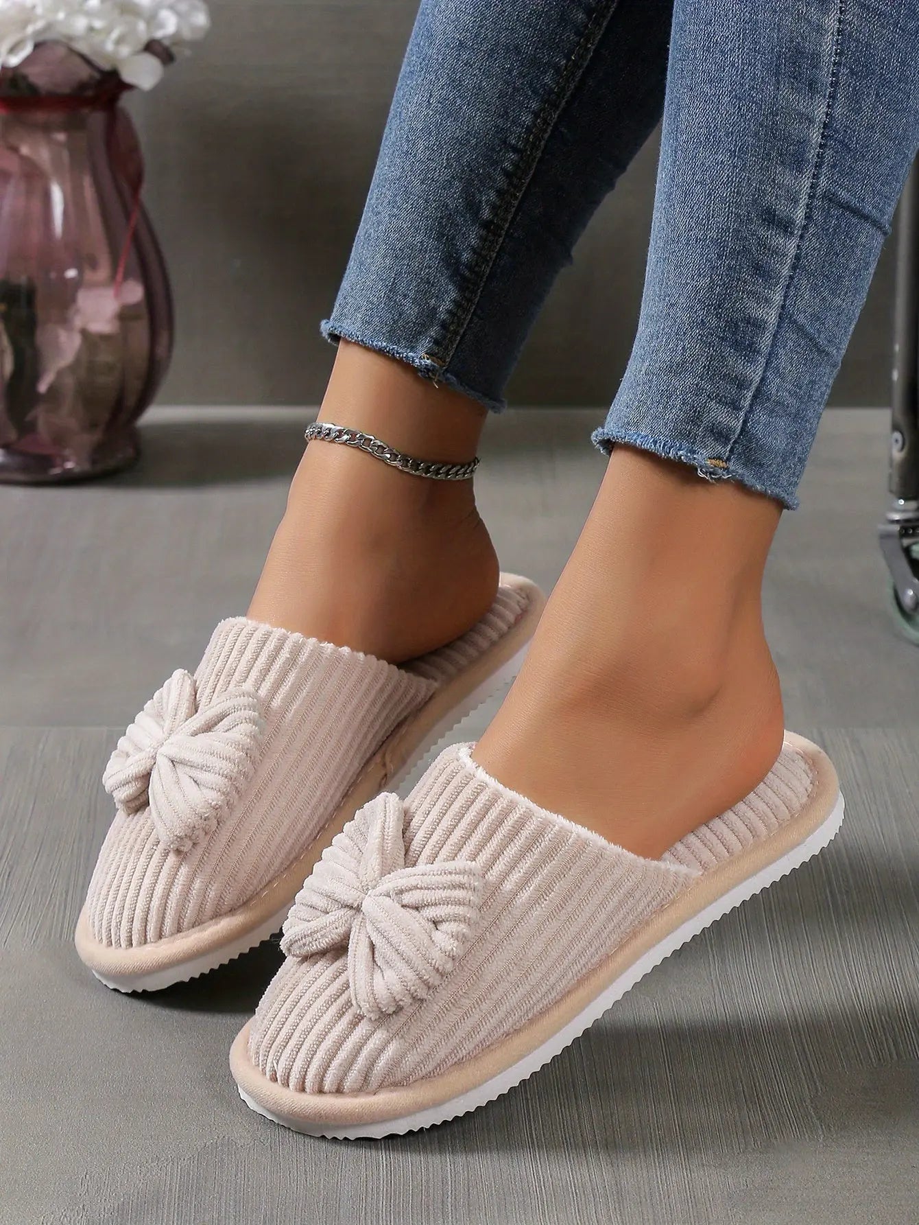 [Cozy Slippers] Cozy Fleece-Lined Women's Slip-On Winter Slippers | Soft All-Season Indoor House Shoes for Home & Couples, Casual Slip-On Design with Bow Detail, EVA Sole Best Products Online