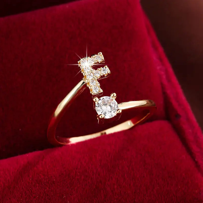[Copper Fashion Ring] Four-claw Round Zirconia Adjustable Copper Ring With 26 English Letters Best Products Online