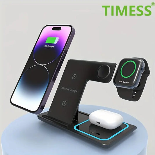 TIMESS-Wireless Charging Station 3-in-1 Standard 15W Fast Mag-Safe Charger Stand with QC3.0 Adapter, Suitable for iPhone 15 14 13 12 11 X 8 Pro Max/Pro/Mini/Plus, for iWatch Ultra 9/8 7/6/5/4/3/2, for Airpods 3/2 Best Products Online