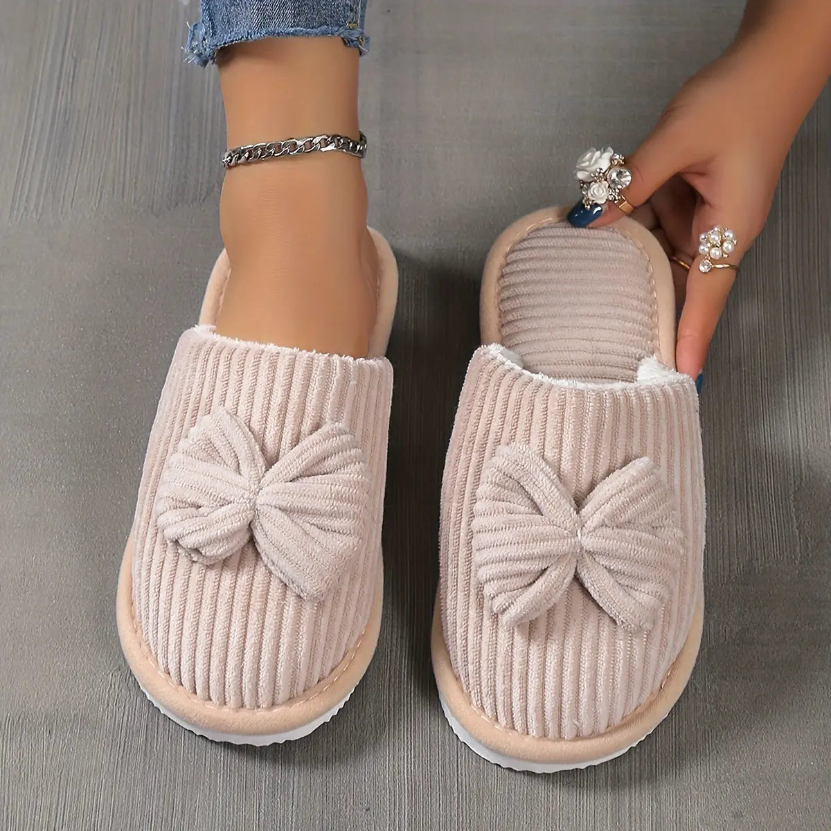[Cozy Slippers] Cozy Fleece-Lined Women's Slip-On Winter Slippers | Soft All-Season Indoor House Shoes for Home & Couples, Casual Slip-On Design with Bow Detail, EVA Sole Best Products Online