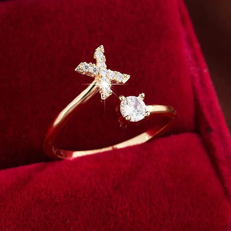 [Copper Fashion Ring] Four-claw Round Zirconia Adjustable Copper Ring With 26 English Letters Best Products Online