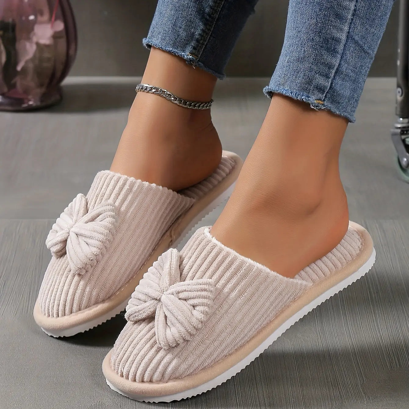 [Cozy Slippers] Cozy Fleece-Lined Women's Slip-On Winter Slippers | Soft All-Season Indoor House Shoes for Home & Couples, Casual Slip-On Design with Bow Detail, EVA Sole Best Products Online