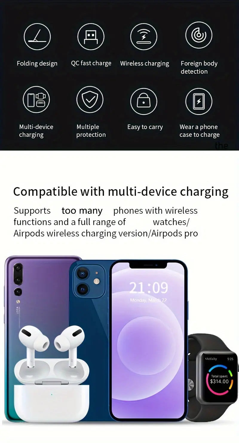 TIMESS-Wireless Charging Station 3-in-1 Standard 15W Fast Mag-Safe Charger Stand with QC3.0 Adapter, Suitable for iPhone 15 14 13 12 11 X 8 Pro Max/Pro/Mini/Plus, for iWatch Ultra 9/8 7/6/5/4/3/2, for Airpods 3/2 Best Products Online