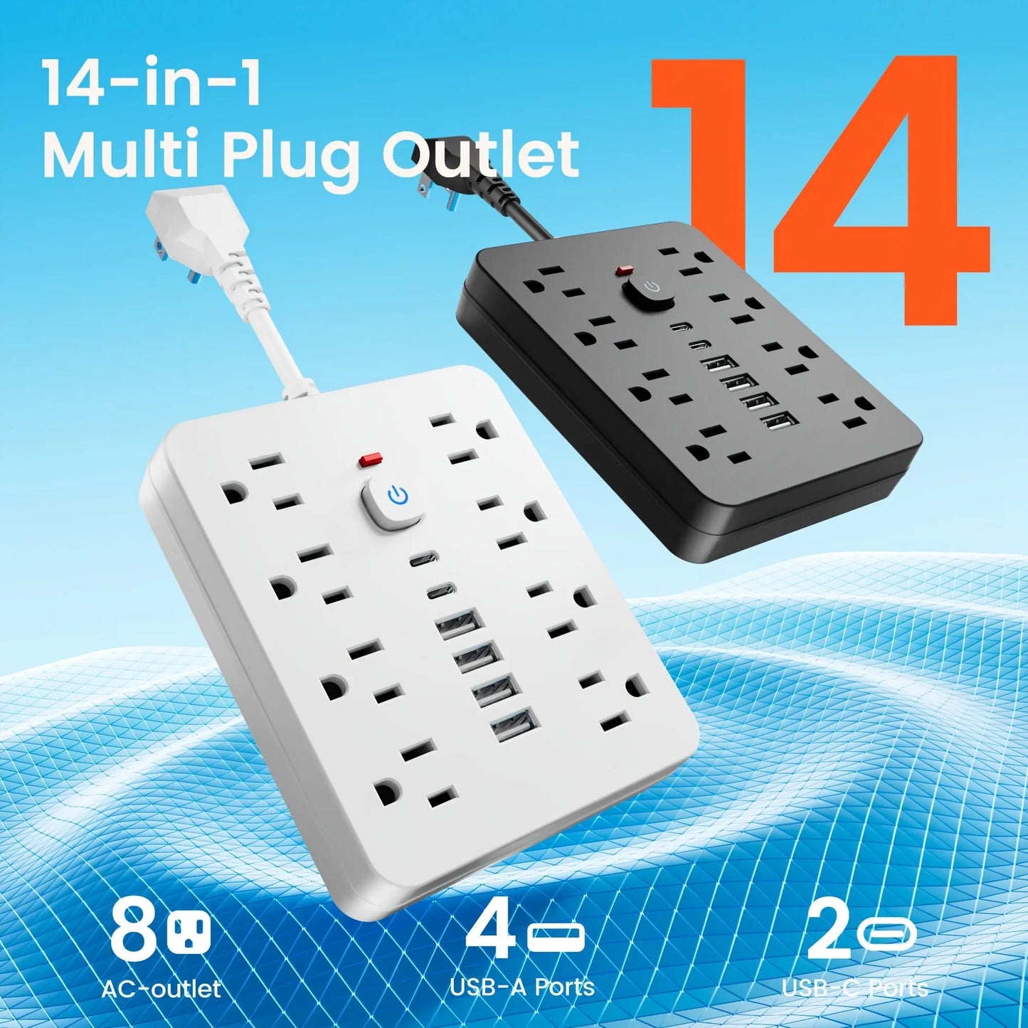 14-in-1 Power Strip with Surge Protector - 8 AC Outlets And 6 USB Ports (2 USB-C)| Flat Plug, Space Saving Design, Unique Short Cord Design, Overload Protection for Home, School, Office. Available In Black And White Best Products Online
