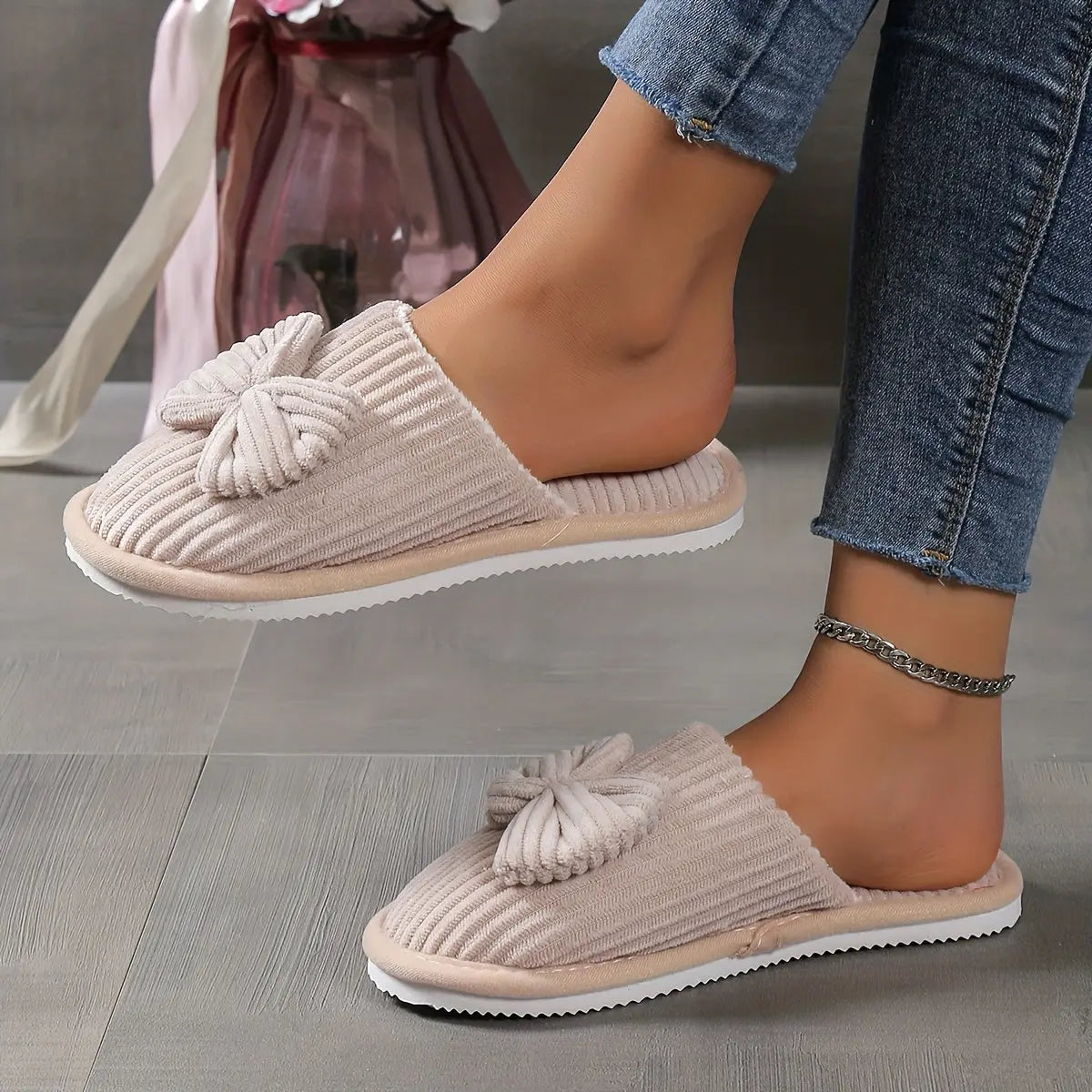 [Cozy Slippers] Cozy Fleece-Lined Women's Slip-On Winter Slippers | Soft All-Season Indoor House Shoes for Home & Couples, Casual Slip-On Design with Bow Detail, EVA Sole Best Products Online