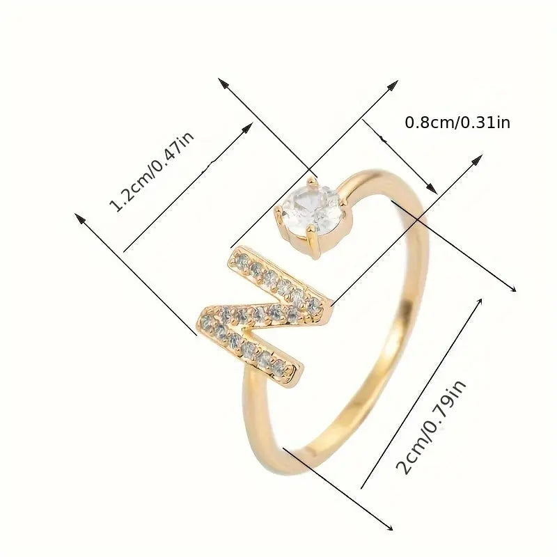 [Copper Fashion Ring] Four-claw Round Zirconia Adjustable Copper Ring With 26 English Letters Best Products Online