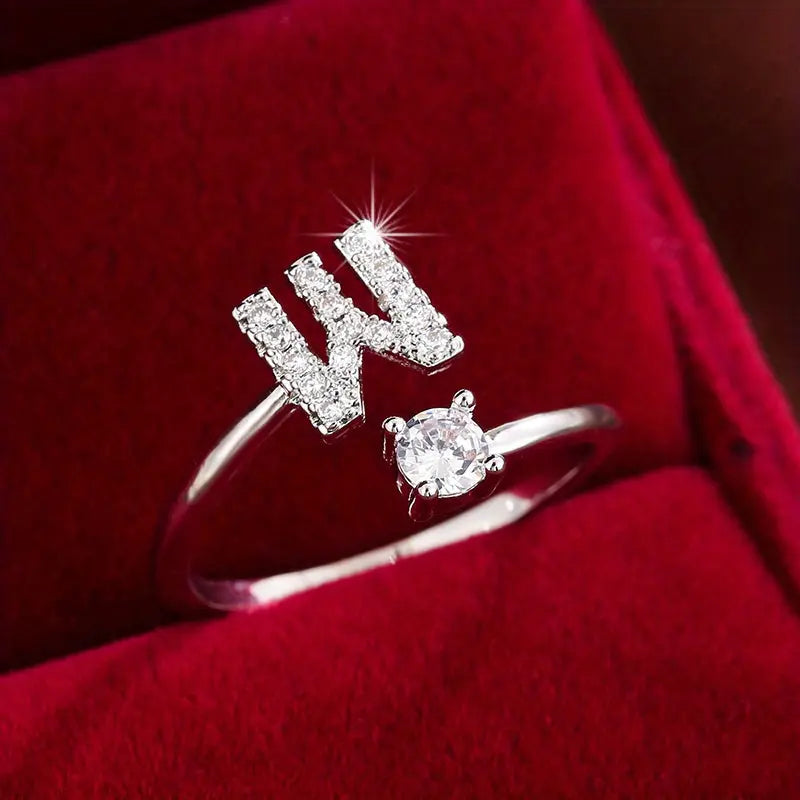 [Copper Fashion Ring] Four-claw Round Zirconia Adjustable Copper Ring With 26 English Letters Best Products Online