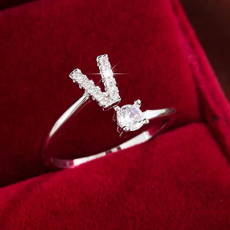 [Copper Fashion Ring] Four-claw Round Zirconia Adjustable Copper Ring With 26 English Letters Best Products Online