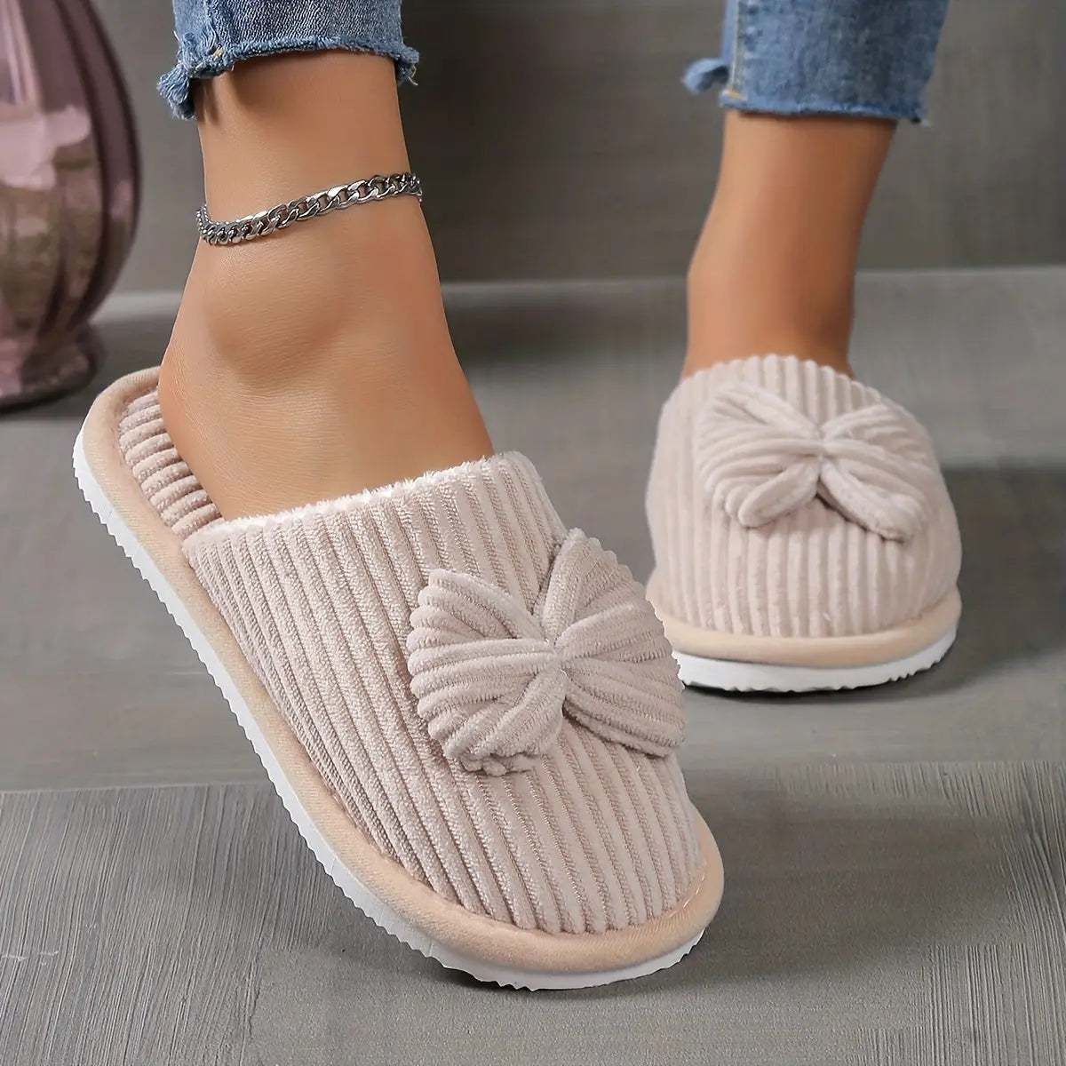 [Cozy Slippers] Cozy Fleece-Lined Women's Slip-On Winter Slippers | Soft All-Season Indoor House Shoes for Home & Couples, Casual Slip-On Design with Bow Detail, EVA Sole Best Products Online