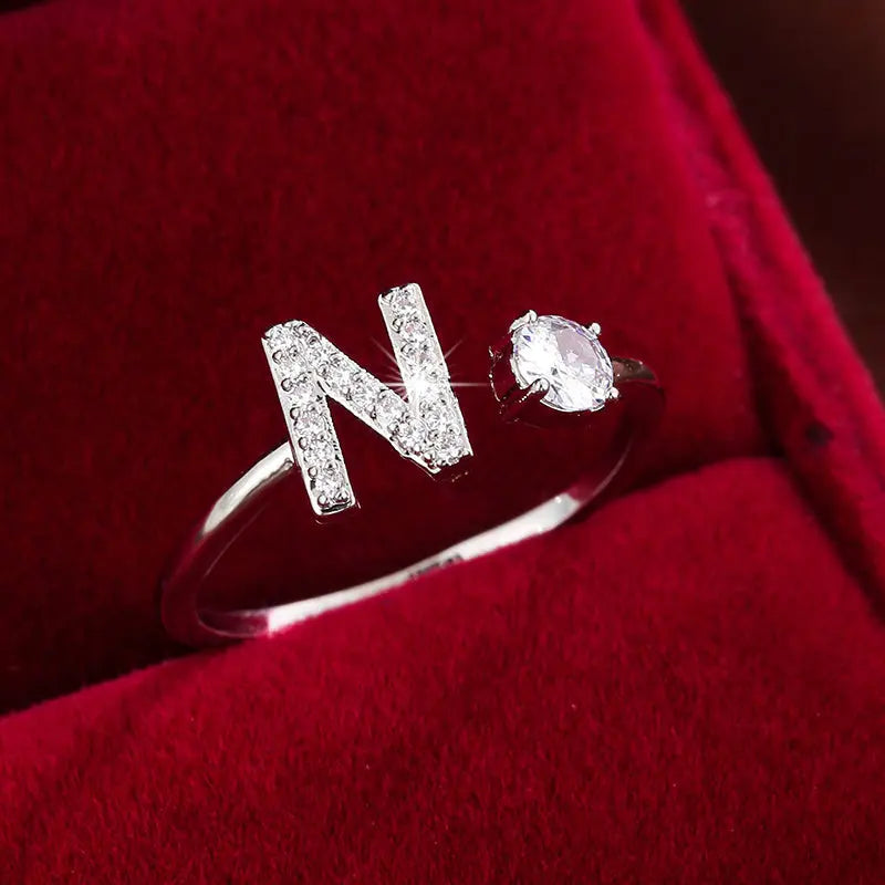[Copper Fashion Ring] Four-claw Round Zirconia Adjustable Copper Ring With 26 English Letters Best Products Online